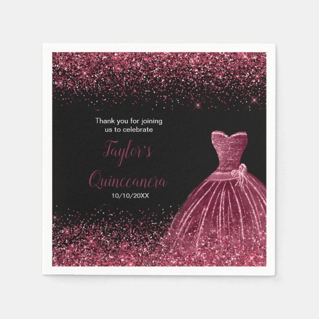 Quinceanera Plum Purple Faux Glitter Napkins (Front)