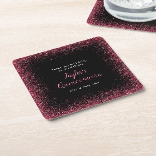 Quinceanera Plum Purple Faux Glitter Square Paper Coaster