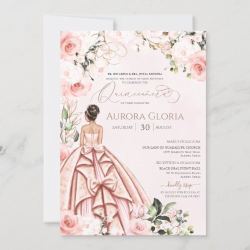 Quinceanera Pretty Pink Beautiful Blush Rose 15th  Invitation