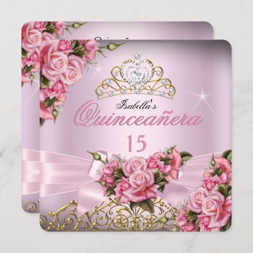 Quinceanera Pretty Pink Roses Tiara 15th Birthday Invitation