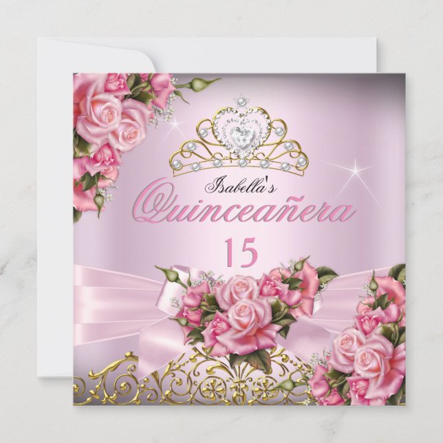 Quinceanera Pretty Pink Roses Tiara 15th Birthday Invitation (Front)