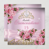 Quinceanera Pretty Pink Roses Tiara 15th Birthday Invitation (Front/Back)