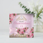 Quinceanera Pretty Pink Roses Tiara 15th Birthday Invitation (Standing Front)