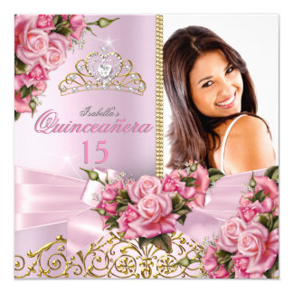 Quinceanera Pretty Pink Roses Tiara Photo Birthday Card