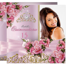 Quinceanera Pretty Pink Roses Tiara Photo Birthday Invitation
