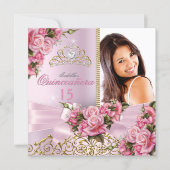 Quinceanera Pretty Pink Roses Tiara Photo Birthday Invitation (Front)