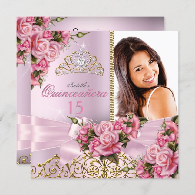 Quinceanera Pretty Pink Roses Tiara Photo Birthday Invitation (Front/Back)
