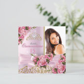 Quinceanera Pretty Pink Roses Tiara Photo Birthday Invitation (Standing Front)