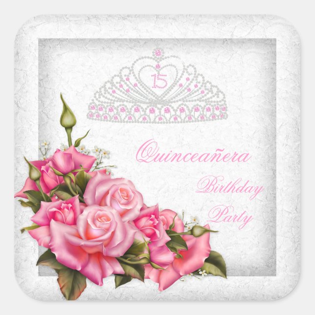 Quinceanera Pretty Pink Roses White 15th Party Square Sticker (Front)