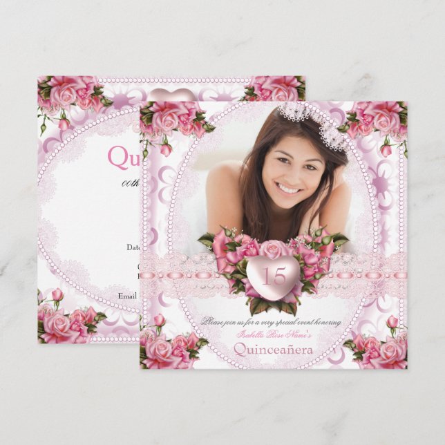 Quinceanera Pretty Pink White Rose Birthday 2 Invitation (Front/Back)