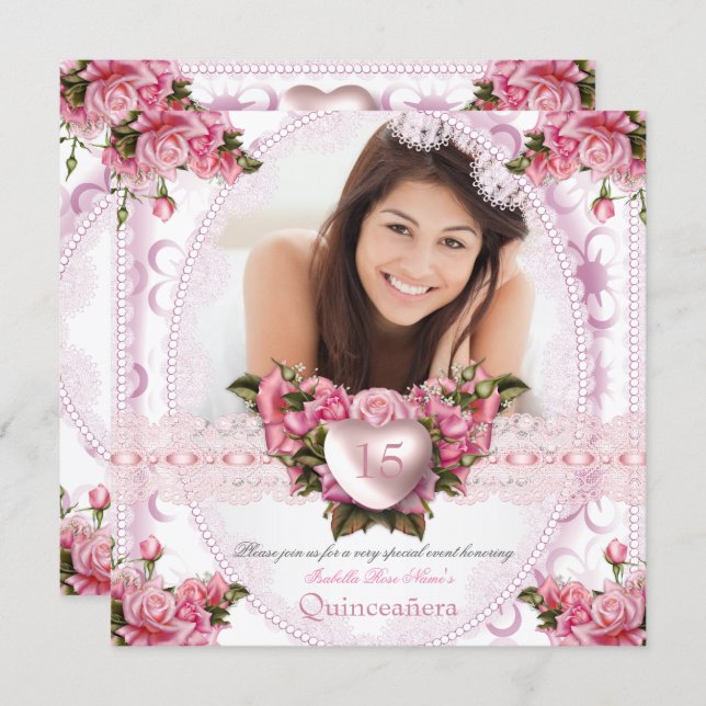 Quinceanera Pretty Pink White Rose Birthday 2 Invitation (Front/Back)