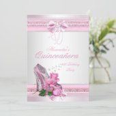 Quinceanera Pretty Pink White Rose High Heel 2 Invitation (Standing Front)