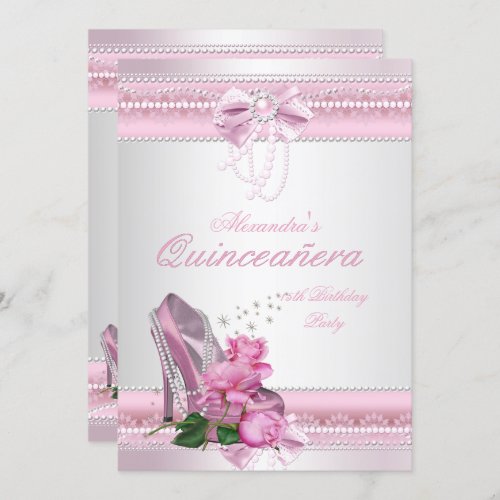 Quinceanera Pretty Pink White Rose High Heel 2 Invitation