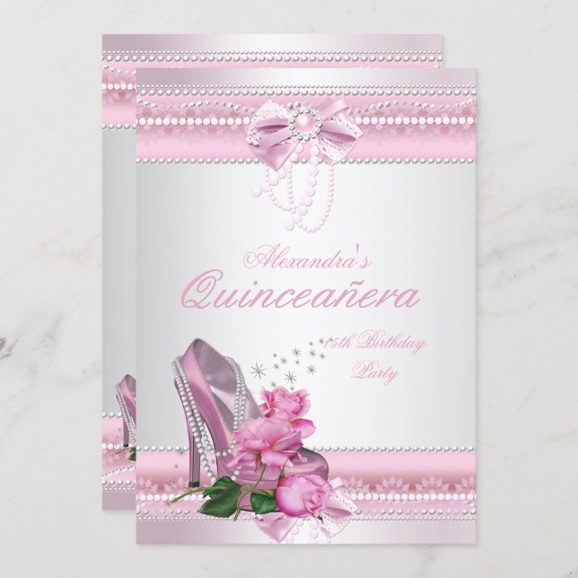 Quinceanera Pretty Pink White Rose High Heel 2 Invitation (Front/Back)