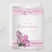 Quinceanera Pretty Pink White Rose High Heel 2 Invitation (Front)
