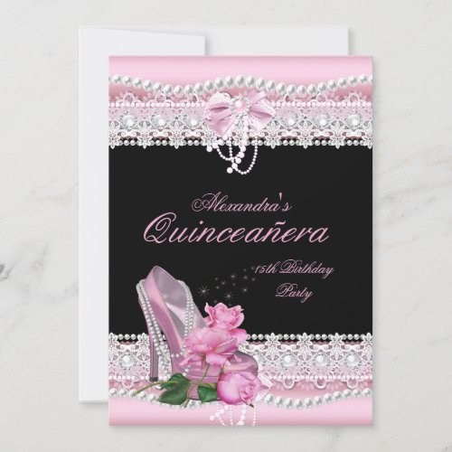 Quinceanera Pretty Pink White Rose High Heel 3 Invitation