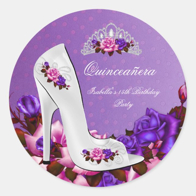 Quinceanera Pretty Princess Purple Pink Roses 3R Classic Round Sticker (Front)