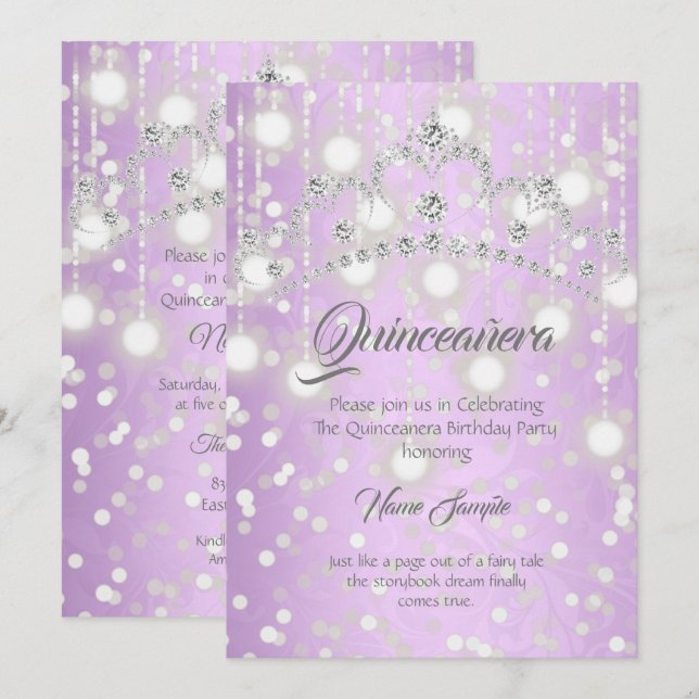 Quinceanera Pretty Purple Silver Diamond Tiara Invitation (Front/Back)