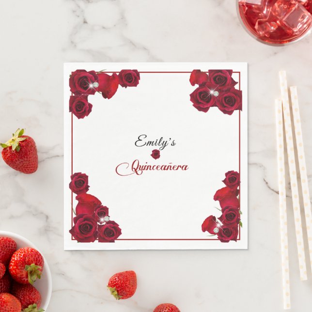 Quinceanera Pretty Red Roses Diamonds Napkins (Insitu)