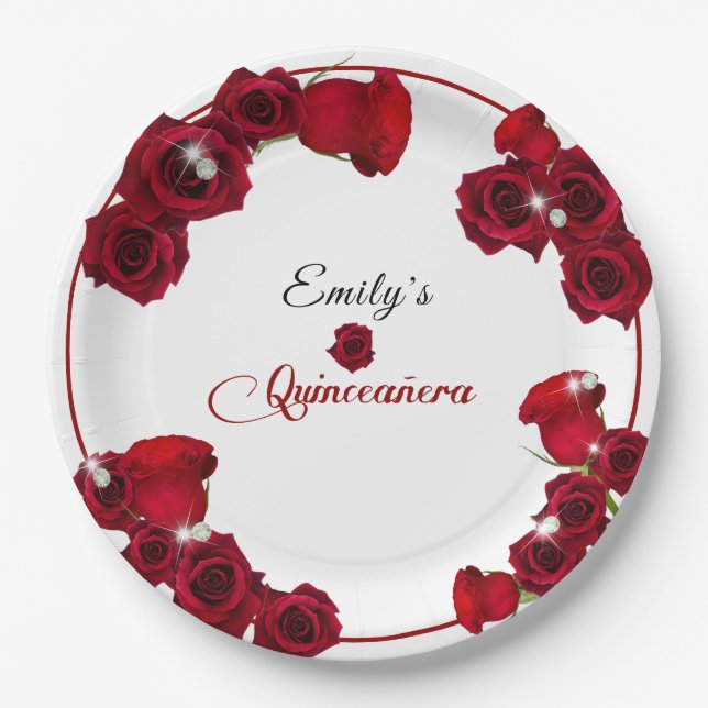 Quinceanera Pretty Red Roses Diamonds   Paper Plates (Front)