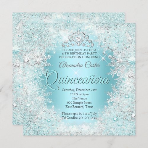 Quinceanera Pretty Silver Teal blue Snowflakes Invitation