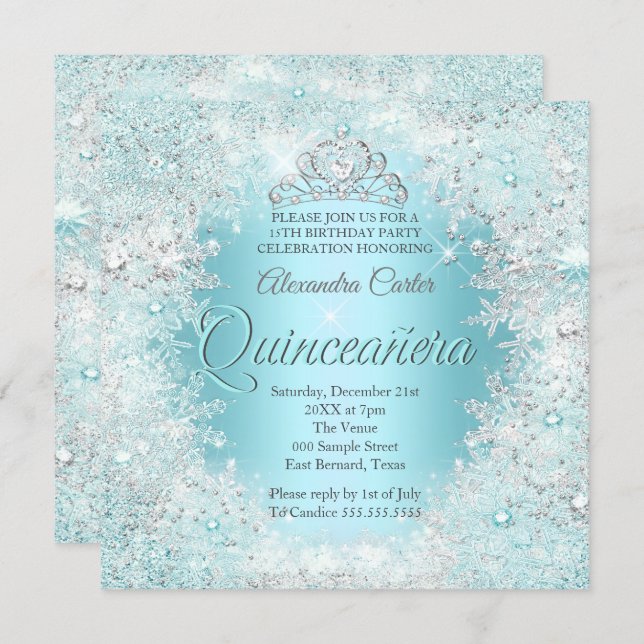 Quinceanera Pretty Silver Teal blue Snowflakes Invitation (Front/Back)