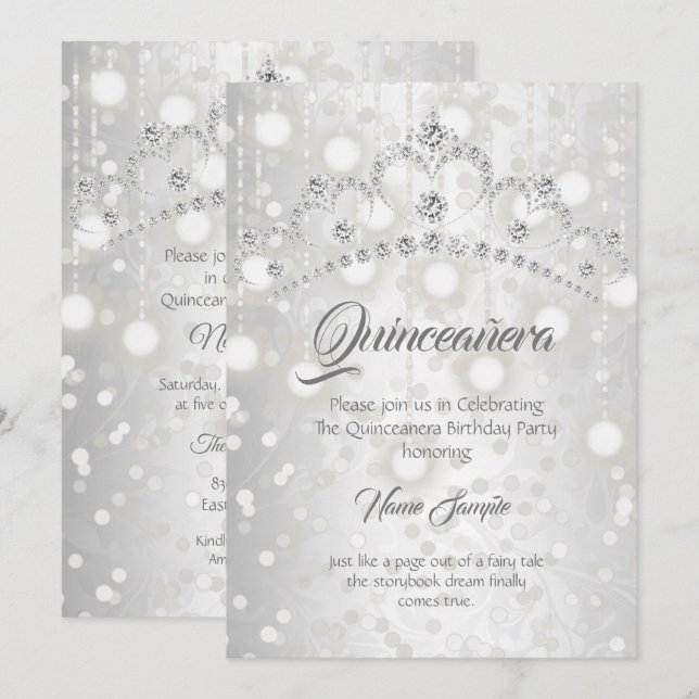 Quinceanera Pretty Silver White Diamond Tiara Invitation (Front/Back)