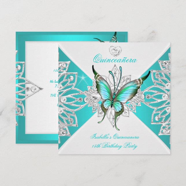 Quinceanera Pretty Teal Blue Butterfly Tiara 2 Invitation (Front/Back)
