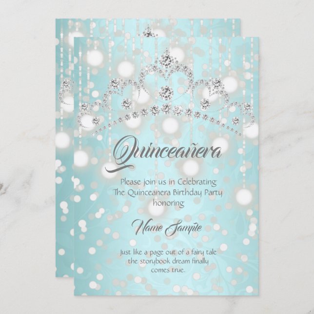 Quinceanera Pretty Teal Silver Diamond Tiara Invitation (Front/Back)