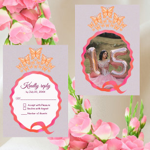Quinceañera Princess Butterfly Crown Squiggle RSVP Card
