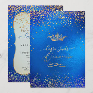 Quinceanera Princess Crown Faux Gold Confetti Blue Invitation