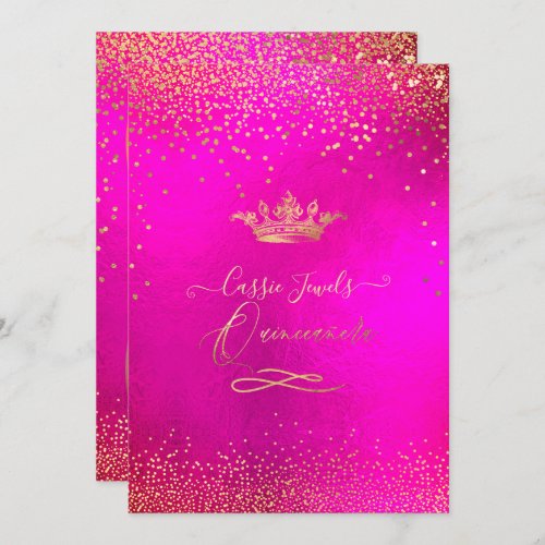Quinceanera Princess Crown Faux Gold Confetti Pink Invitation