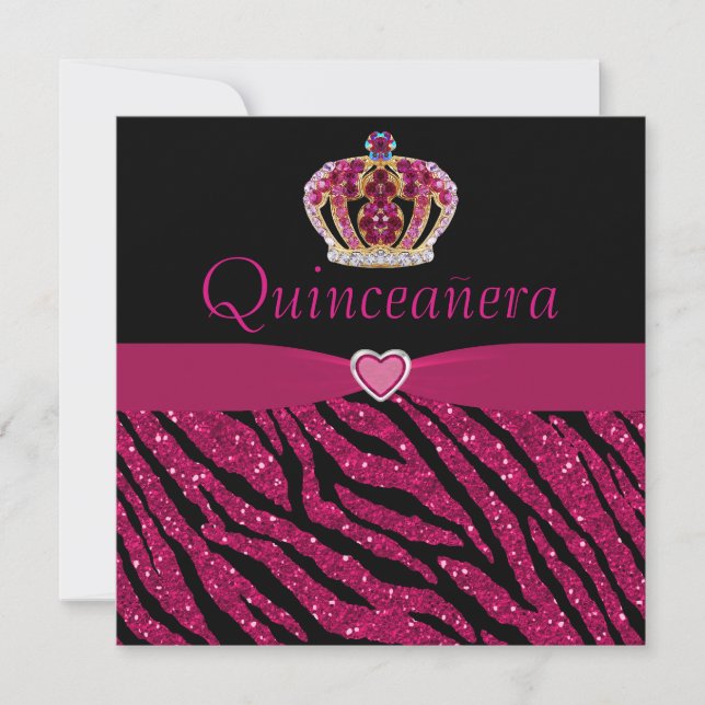 Quinceanera Princess Crown, Heart & Zebra Glitter Invitation (Front)