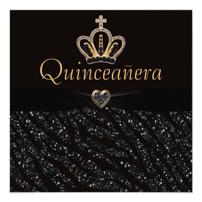 Quinceanera Princess Crown, Heart & Zebra Glitter Personalized Invites