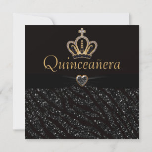 Quinceanera Princess Crown, Heart & Zebra Glitter Invitation