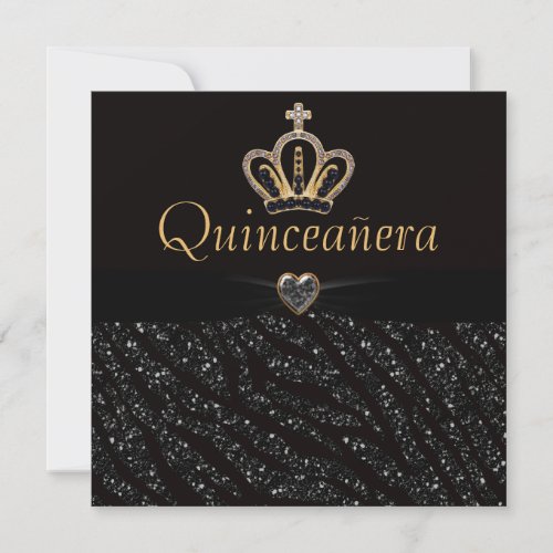 Quinceanera Princess Crown Heart  Zebra Glitter Invitation
