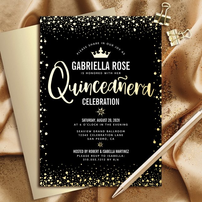 Quinceañera Princess Crown Script Black Real Gold Foil Invitation (Creator Uploaded)