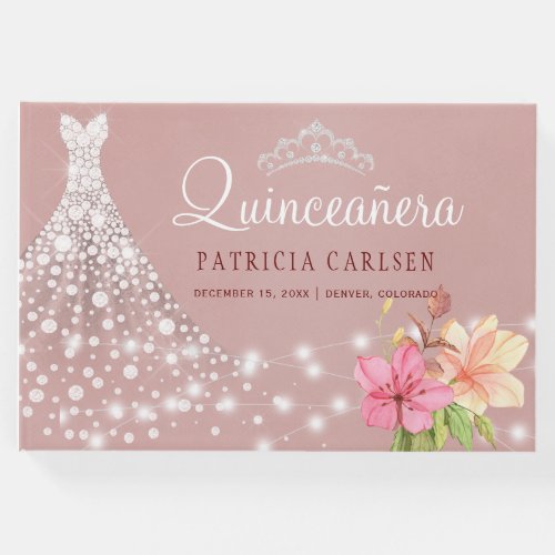 Quinceanera princess diamond dress floral blush guest book