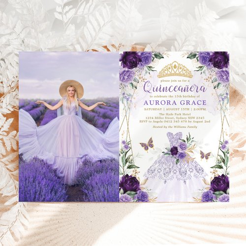 Quinceaera Princess Dress Purple Flower Photo Invitation