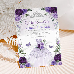 Quincea&#241;era Princess Dress Purple Silver Floral Invitation