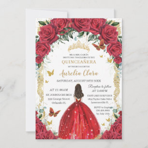 Quinceañera Princess Dress Red Roses Floral Gold Invitation