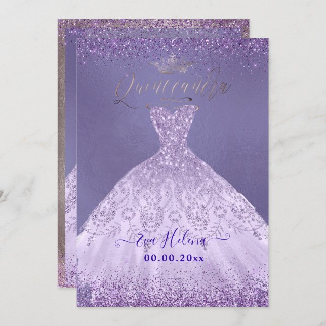 Quinceañera, Princess Dusty Purple Glitter Gown Invitation (Front/Back)