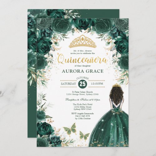 Quinceaera Princess Emerald Green Floral Birthday Invitation