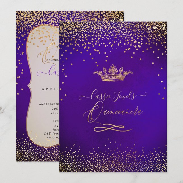 Quinceanera Princess Faux Gold Confetti Violet Invitation (Front/Back)