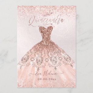 Quinceañera, Princess Faux Rose Gold Tiara+Gown Invitation