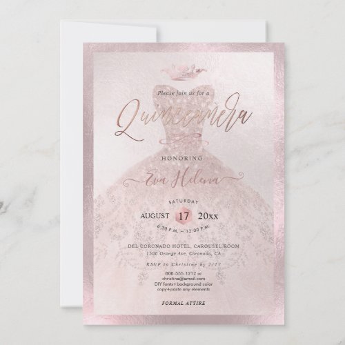 Quinceaera Princess Faux Rose Gold TiaraGown Invitation
