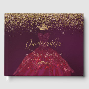 Quinceanera Princess Glitter Gown, Burgundy+Gold Guest Book