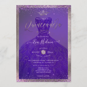 Quinceañera, Princess Glitter Purple Violet Gown Invitation