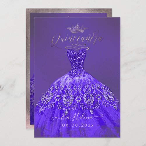 Quinceaera Princess Glitter Purple Violet Gown Invitation