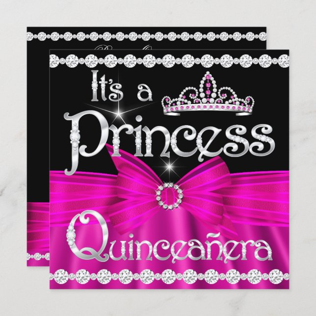 Quinceanera Princess Hot Pink Bow Silver Tiara Invitation (Front/Back)